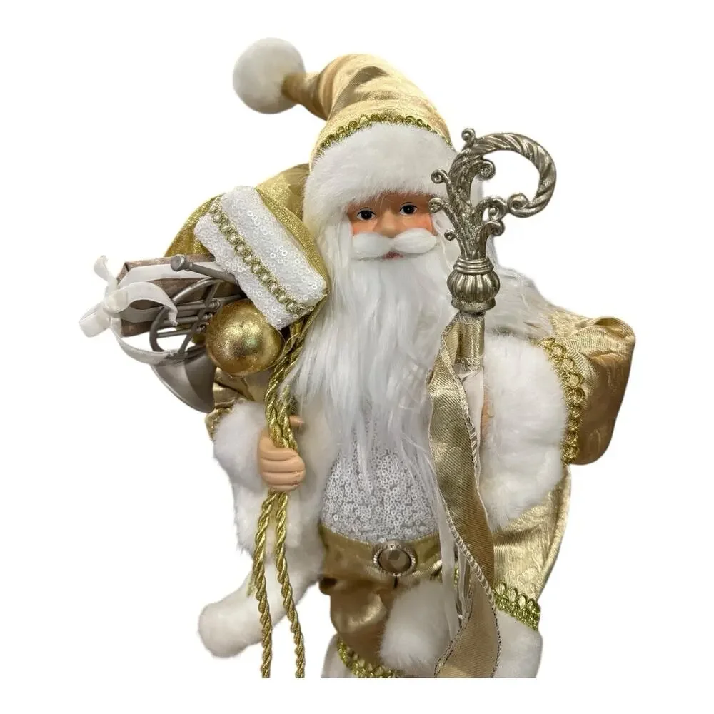 Christmas Santa Claus‎ Doll Gold White Staff Standing Tabletop Decor 19